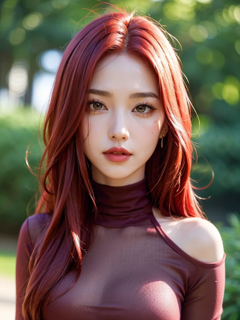 1girl, alone, solitary, high quality, (best quality,4k,8k,highres,masterpiece:1.2),ultra-detailed,(realistic,photorealistic,photo-realistic:1.37),gorgeous hair,bright red hair,long hair with bangs,sharp eyes,mole under the eye,plump lips,jewelry,(high detailed skin:1.4),(rim lighting:1.3),(lit:1.3),(sunny day:1.3),portrait,beautiful lips,waist-length hair,seductive gaze,moles,casual clothes,colorful clothing,close up,super long hair,choker necklace,bangs,fringe,dimples on the cheeks,dimples,red hair,rubyredhair,ruby red hair,black,red lips,red lipstick,round lips,round pouty lips,pouty lips,douyin makeup,sparkly makeup,blue,green,pink,purple,wine red,piercings,gems,lipstick,lip gloss,navel piercing, girl,innocent,red hair,dyed hair,cherry red hair,cherry red,cherry hair,redhead,youthful,modest,covered cleavage,delicate,pretty girl,close up,closeup,20 years old,modest,pretty blouse,neon red hair,bright red hair,redhair,sweater,turtle neck,sweatshirt,shirt,hairstyle,modest clothing