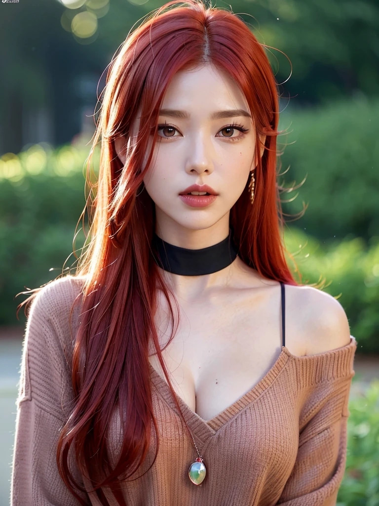  1girl, alone, solitary, high quality, (best quality,4k,8k,highres,masterpiece:1.2),ultra-detailed,(realistic,photorealistic,photo-realistic:1.37),gorgeous hair,bright red hair,long hair with bangs,sharp eyes,mole under the eye,plump lips,jewelry,(high detailed skin:1.4),(rim lighting:1.3),(lit:1.3),(sunny day:1.3),portrait,beautiful lips,waist-length hair,seductive gaze,moles,casual clothes,colorful clothing,close up,super long hair,choker necklace,bangs,fringe,dimples on the cheeks,dimples,red hair,rubyredhair,ruby red hair,black,red lips,red lipstick,round lips,round pouty lips,pouty lips,douyin makeup,sparkly makeup,blue,green,pink,purple,wine red,piercings,gems,lipstick,lip gloss,navel piercing, girl,innocent,red hair,dyed hair,cherry red hair,cherry red,cherry hair,redhead,youthful,modest,covered cleavage,delicate,pretty girl,close up,closeup,20 years old,modest,pretty blouse,neon red hair,bright red hair,redhair,sweater,turtle neck,sweatshirt,shirt,hairstyle,modest clothing