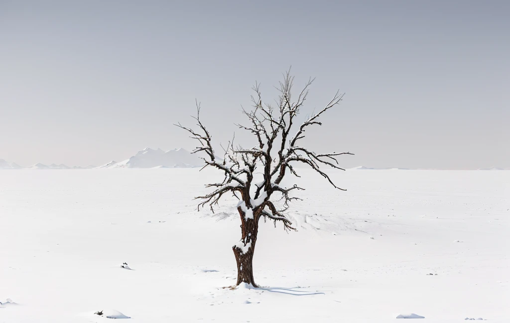 There is a lone tree in the middle of the snowfield, Dead Tree, sparse frozen landscape, Tree, Dead forest, sparse winter landscape, Dead Tree forest, desolate landscape, White isolates, Dead Trees, author:Matthias Wescher, Dead Tree, Sparse trees, White isolate, barren landscape, landscape, white desert, stark landscape