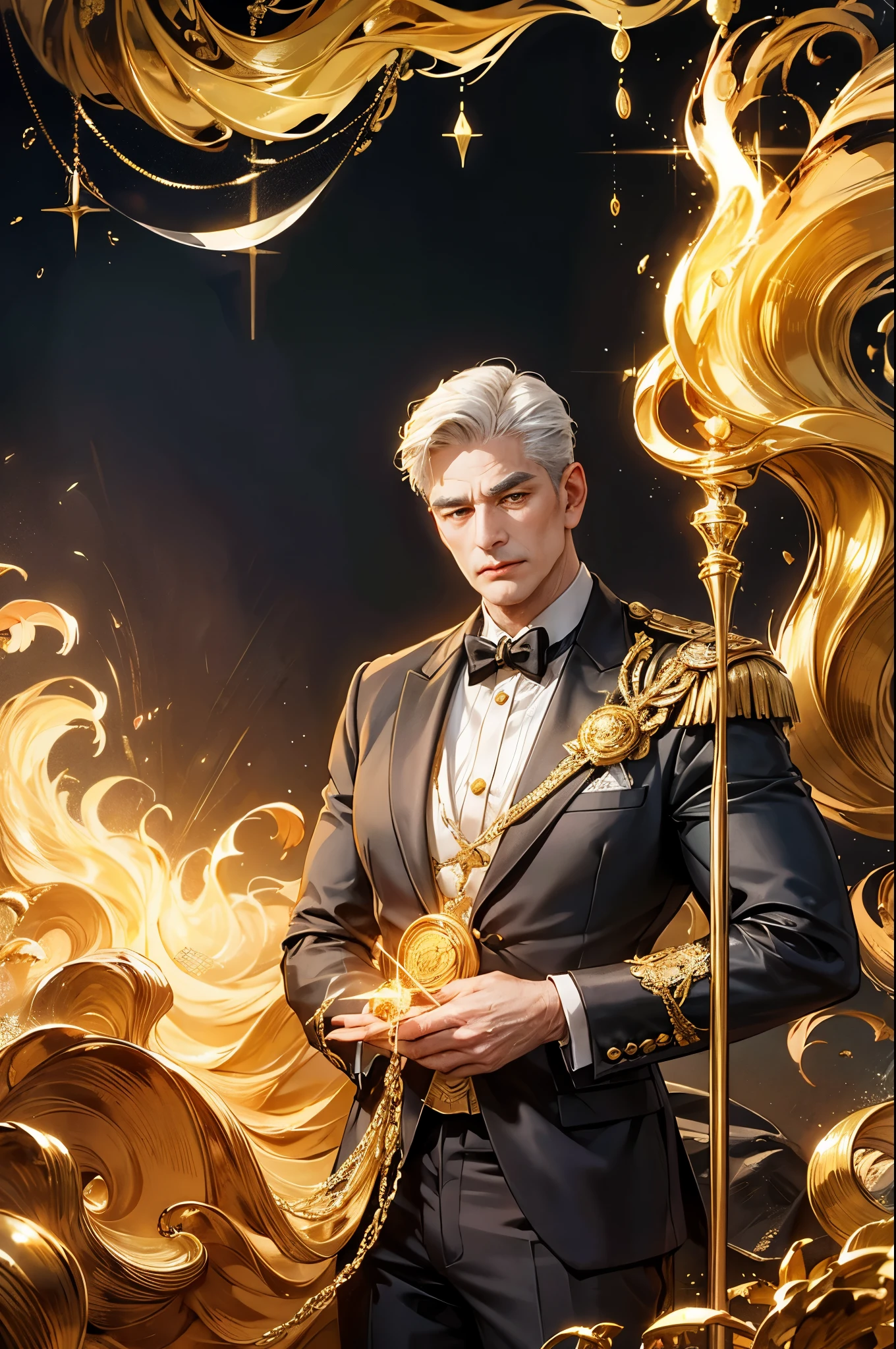 "Creating a surreal image:A handsome 82-year-old man holds a golden wand that exudes the essence of an ocean of money. He should be dressed elegantly., Deep depicts him surrounded by gold coins, Like cascading waves, Glittering gold ingots, and ocean colors, Showing his control over the money. Add a unique gold symbol on his body, Symbolizes his role as the guardian of the gold coin,And reflects the strong, The dynamic energy he possesses."