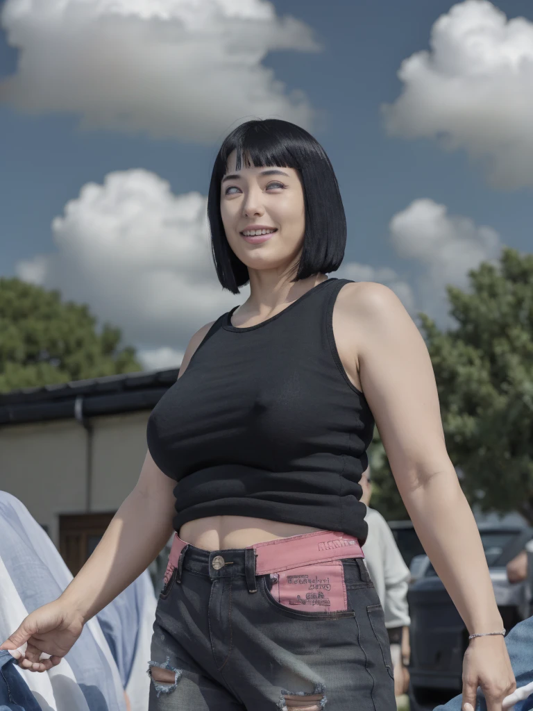 masterpiece, absurdres , (intricate details), (colorful),cinematic lighting,extremely detailed CG unity 8k wallpaper ,hinata\(boruto\), 1milf, mature soft expressions, short-hair, ((black tank-top),(denim hotpants)), (sleeveless), huge breasts,bracelet,wedding ring, cowboy shot, looking back, looking at viewer,smile, red lips, (1arm swaying hair:1.2), outdoors, laundry-ing outdoor, day, cloudy sky, wind, floating hair, falling petals, anime screencap,BREAK, (surrounded by black guys:1.2),