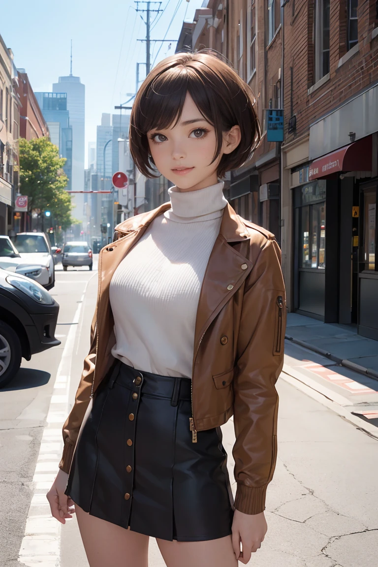 (8K, masterpiece, Highest quality, Realistic, Official Art:1.3), Detailed face, Detailed small eyes, Quality clothing, detailed skin, detailed shiny hair, (from before, Cowboy Shot:1.5),
break (Boyish Girl:1.3), (alone, upright:1.5), Big Breasts, Long legs, smile, (Brown Pixie Cut:1.5), (Parted bangs), (tanned skin), skin,
break (Cropped jacket, Turtleneck shirt, mini skirt), choker, Outdoor, Downtown, street, spring, (flower),