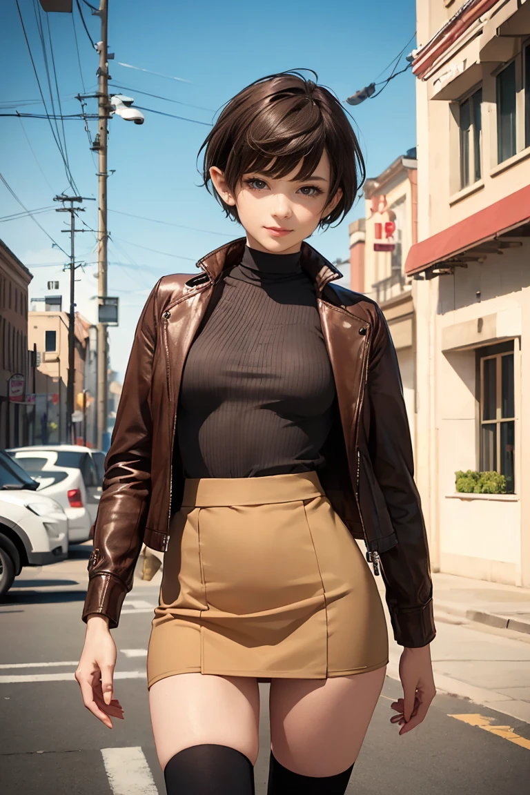 (best quality, masterpiece), 1girl, leather jacket, short skirt, thighhighs, makeup, earring, hand in pocket, looking at viewer, backlighting, seductive smile, freckles, street,