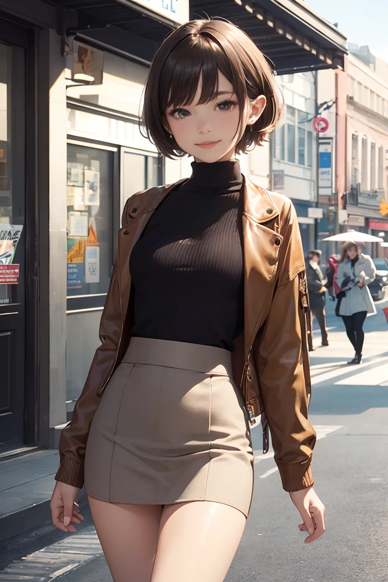 (8K, masterpiece, Highest quality, Realistic, Official Art:1.3), Detailed face, Detailed small eyes, Quality clothing, detailed skin, detailed shiny hair, (from before, Cowboy Shot:1.5),
break (Boyish Girl:1.3), (alone, upright:1.5), Big Breasts, Long legs, smile, (Brown Pixie Cut:1.5), (Parted bangs), (tanned skin), skin,
break (Cropped jacket, Turtleneck shirt, mini skirt), choker, Outdoor, Downtown, street, spring, (flower),