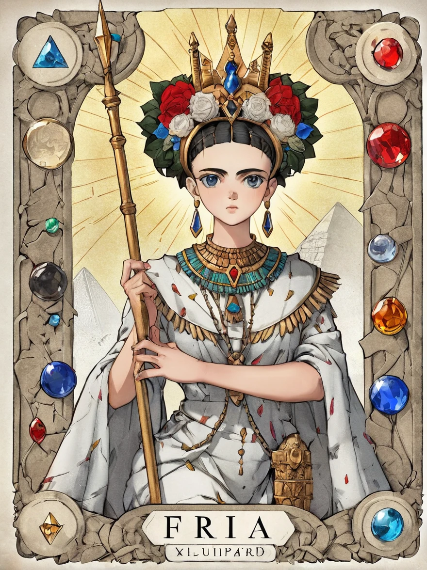 Frida Kahlo is a tarot card: Score_9, Score_8_up, Score_7_up, Score_6_up, Score_5_up, [ ACOCleopatra],[White Hair]Killua from Hunter x Hunter,[Gem],[Ancient Egypt] ,4K,sharp,detailed,extremely detailed artistry. (masterpiece Best quality: 1.2) (insanely detailed Beautiful Details, Masterpiece, Best Quality) (Insanely Detailed, Masterpiece, Best Quality) of Tarot Cards Experience the unique artistic flair of (Best quality, high resolution, vivid colors, realistic, artistic interpretation, detailed portraits), Surreal Tarot Cards, Tarot Cards