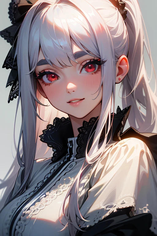(Highest quality, masterpiece:1.2), (High resolution, 最高masterpiece).(difficult).Very detailed, Realistic:1.37, Fantasy, An illustration,Gray Hair、 Red eyes、Queen, White and blue dress、beautifully、Eyeshadow Red、Thick eyebrows、Long eyelashes、pupils are black、shiny on the lips、Top Sites、Queen、Princess、A kind smile、Show your teeth a little and smile、Soft impression、people々Loved by、Slimming the face、Shoulder Bare、ponytail、Kissing Face、Long white hair、Shaggy Bangs、Save face image、Lace Underwear、sexy、