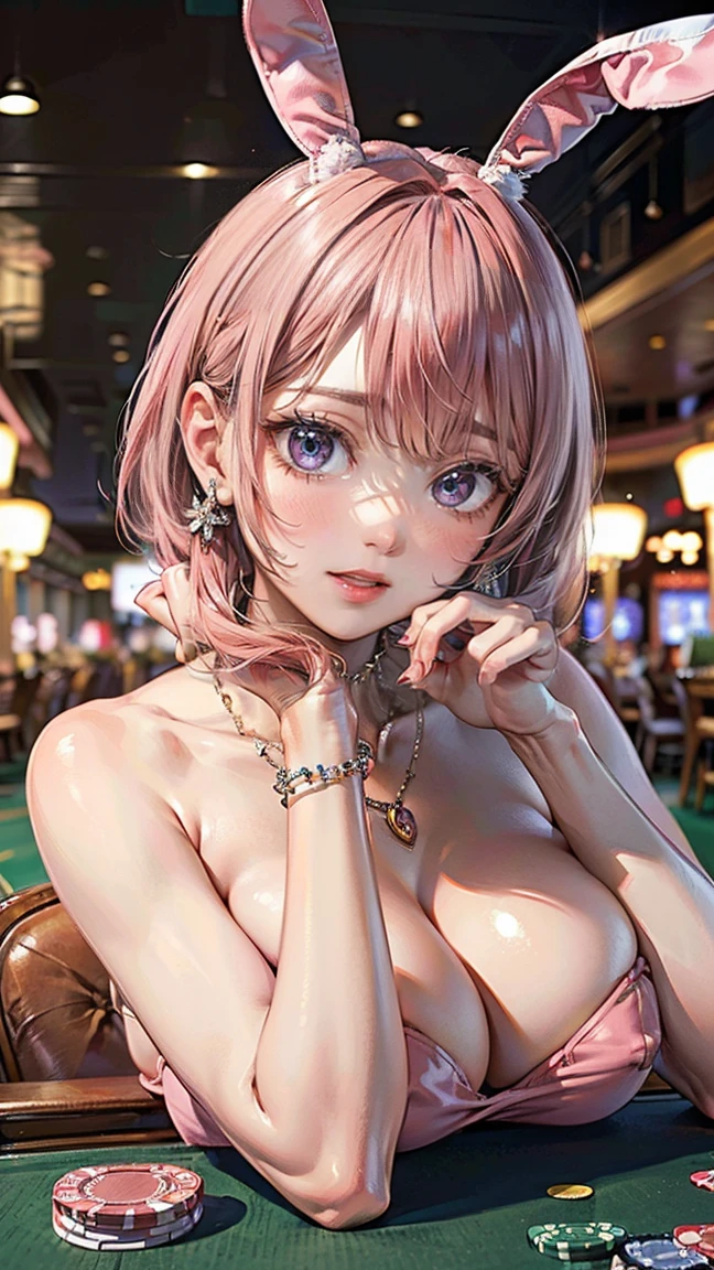 (Masterpiece, BestQuality:1.3), (ultra detailed:1.2), (hyperrealistic:1.3), (RAW photo:1.2), High detail RAW color photo, professional photograph, (Photorealistic:1.4), (realistic:1.4), professional lighting, perfect anatomy, (Big Breasts:1.2), (blush, detailed face), (cheerful Smile:1.5), (Pink Hair:1.5), Trending Hair&Trending Hairカラーをランダムに, earrings, necklace, bracelet, sexly, erotic sexly, Random sexy gravure poses, (Bunny Girl Woman、Gorgeous casino background、Provocative look、short hair、Hands on table pose: 1.3)