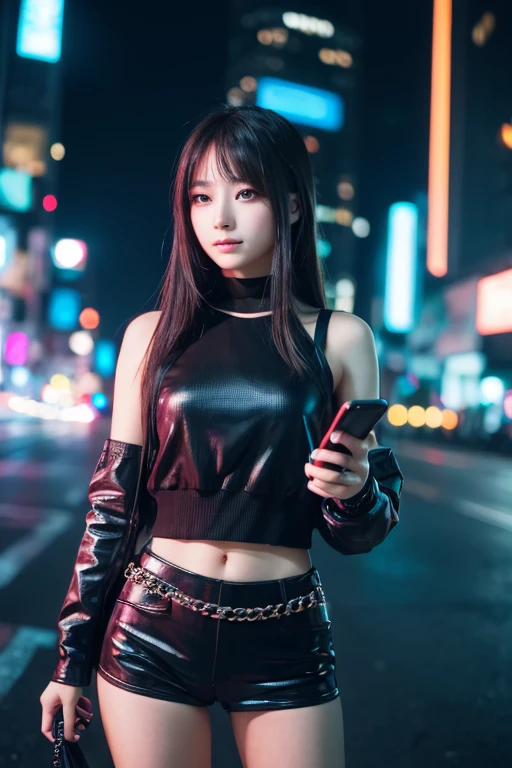 ((Beautiful girl holding a mobile phone in her hand)) 4K 8K:: Realistic::4. Cyberpunk::1 --v 4 --Quality 2