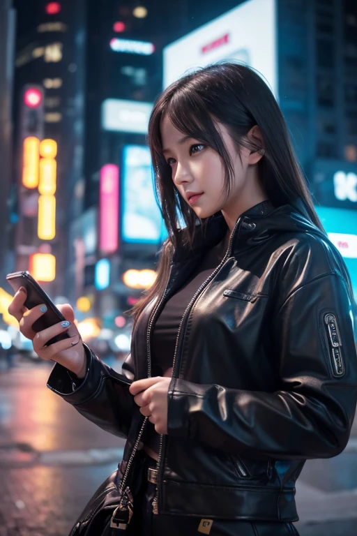 ((Beautiful girl holding a mobile phone in her hand)) 4K 8K:: Realistic::4. Cyberpunk::1 --v 4 --Quality 2