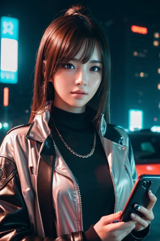 ((Beautiful girl holding a mobile phone in her hand)) 4K  8K:: Realistic::4. Cyberpunk::1 --v 4 --Quality 2  