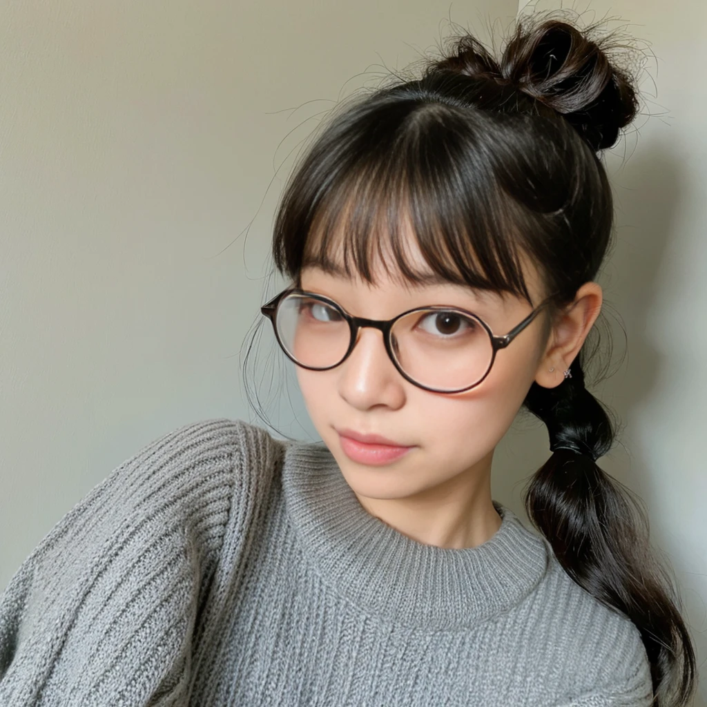 nsfw big round glasses ponytail scrunchie bucktooth droopy eyes japanese