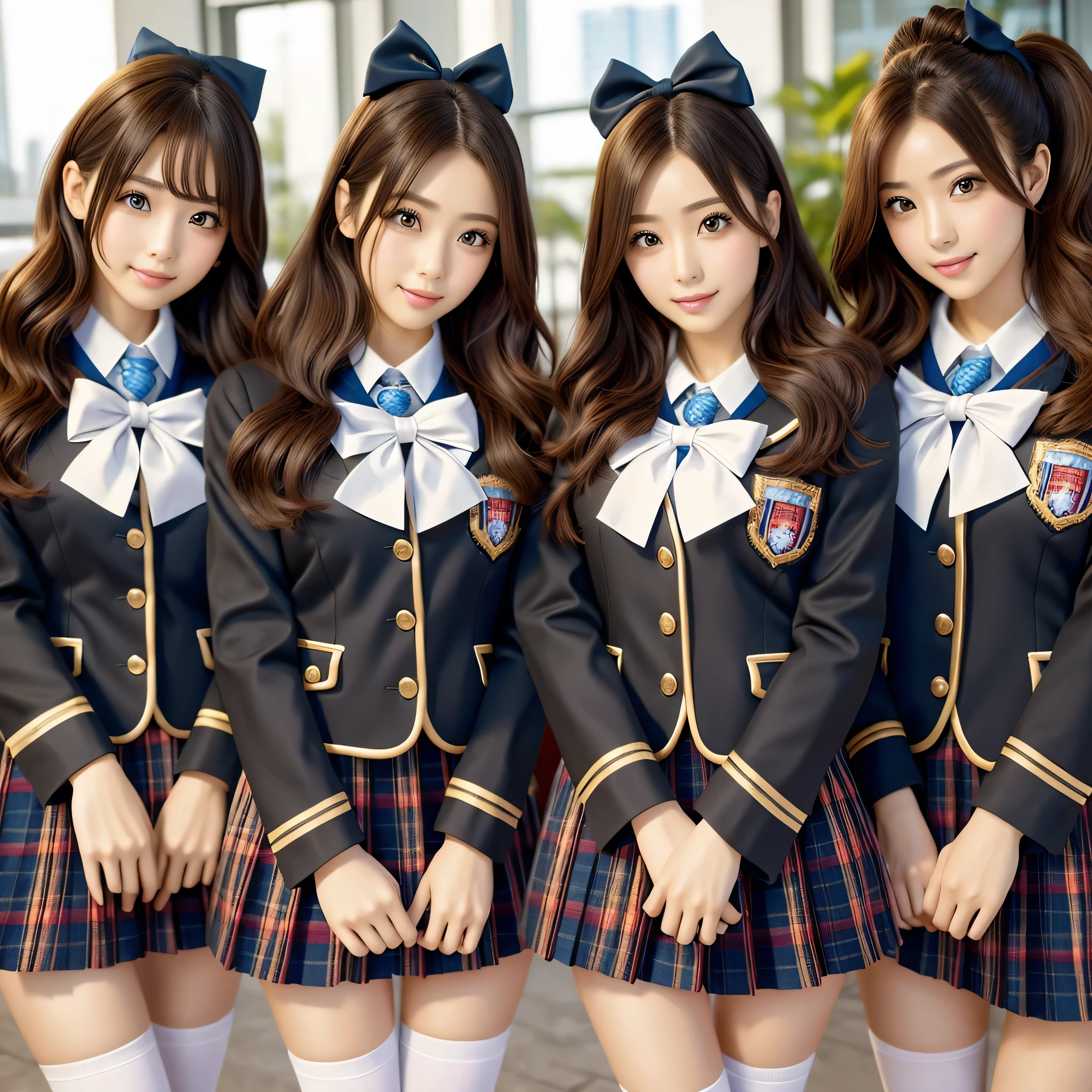 (best quality, masterpiece:1.5), (ultra-detailed, realistic:1.37),4K,(4girls:1.5),japanese,cute,beautiful,(school uniform:1.3),(skirt),(black high socks:1.2),curly gold hair,smile,perfect hands,perfect fingers,perfect legs,playing guitar