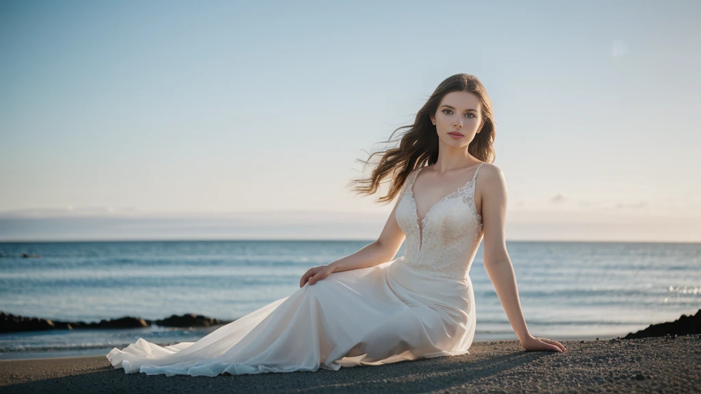 an icelandic woman with beautiful Delicate eyes, Beautiful and delicate lips, Extremely detailed face and skin, Pale skin, 23 years old,Wearing a beautiful wedding dress, medium long shot, Sitting on the beach by the sea, beautiful, natural posture,Beautiful light and shadow，panoramic view, (long legs), (full body portrait). Beautiful photography，Long eyelashes, Good anatomy , Practical skin texture, Delicate eyes, professional, 4K, Wide-angle lens, Optical Depth of Field, Kodak Vision Color, Perfectly proportioned body, Extremely detailed, ultra-photoPractical, Practical, Post-Processing, Maximum details, Roughness, real life, ultra -Practical, Photorealism, photography, 8K Ultra HD, photography