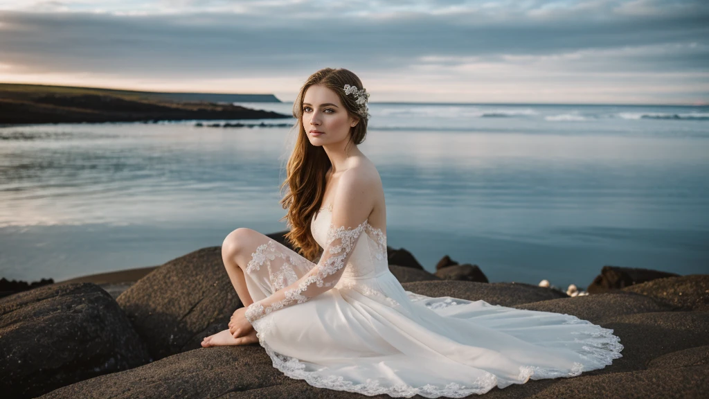 an icelandic woman with beautiful Delicate eyes, Beautiful and delicate lips, Extremely detailed face and skin, Pale skin, 23 years old,Wearing a beautiful wedding dress, medium long shot, Sitting on the beach by the sea, beautiful, natural posture,Beautiful light and shadow,panoramic view, (long legs), (full body portrait). Beautiful photography,Long eyelashes, Good anatomy , Practical skin texture, Delicate eyes, professional, 4K, Wide-angle lens, Optical Depth of Field, Kodak Vision Color, Perfectly proportioned body, Extremely detailed, ultra-photoPractical, Practical, Post-Processing, Maximum details, Roughness, real life, ultra -Practical, Photorealism, photography, 8K Ultra HD, photography