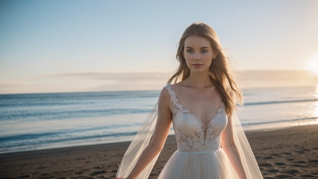an icelandic woman with beautiful Delicate eyes, Beautiful and delicate lips, Extremely detailed face and skin, Pale skin, 23 years old,Wearing a beautiful wedding dress, medium long shot, Sitting on the beach by the sea, beautiful, natural posture,Beautiful light and shadow,panoramic view, (long legs), (full body portrait). Beautiful photography,Long eyelashes, Good anatomy , Practical skin texture, Delicate eyes, professional, 4K, Wide-angle lens, Optical Depth of Field, Kodak Vision Color, Perfectly proportioned body, Extremely detailed, ultra-photoPractical, Practical, Post-Processing, Maximum details, Roughness, real life, ultra -Practical, Photorealism, photography, 8K Ultra HD, photography