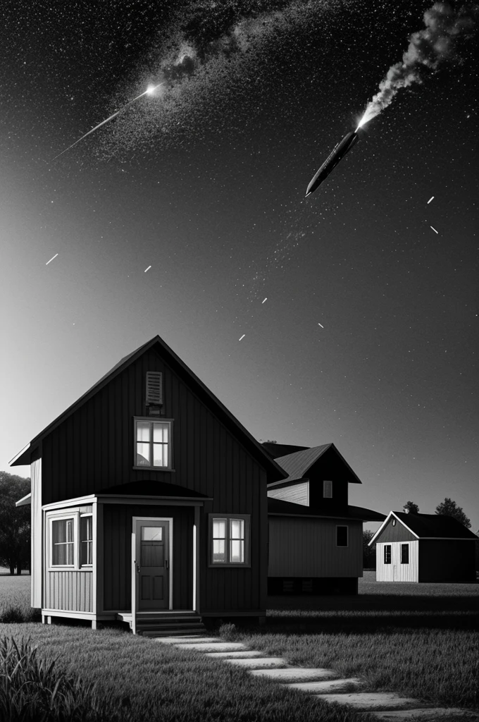 Make a black and white pencil drawing of a meteorite falling on a small farm house at night.