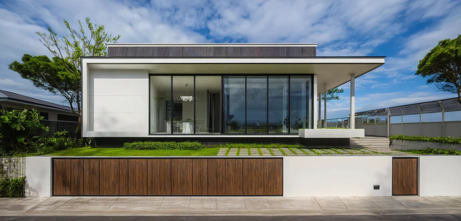 modern villa on street, (overcast lighting:1.2), tropical tree, vivid color, streetcapes, nice sky, grey wood and white tone, (large glass door:1.2), warm interior lighting, modern material, best quality, ultra realistic, masterpiece, 17ArchiAI_XL_VL-v1
