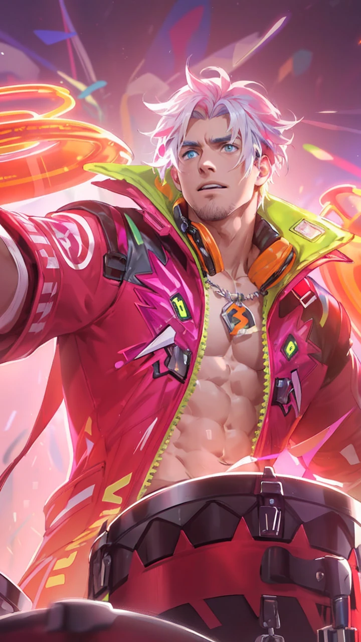 (masterpiece,best quality,absurdres ), 1man, muscular, detailed eyes, blue eyes, open jacket, running to camera, upper body, (fluorescent lamp),(colorful), ((abstract background)),