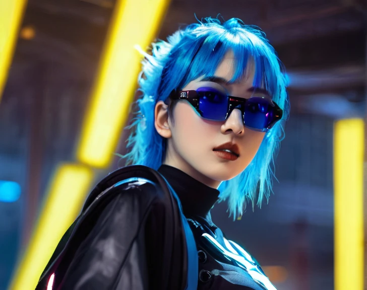 Cyberpunk,girl with blue glasses,Luces led.