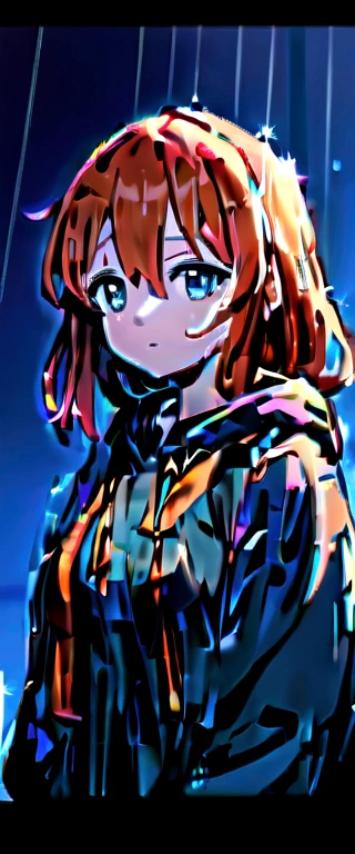 A beautiful anime fox girl with long orange hair, wearing a cozy hoodie, standing in a rainy background, with a cute and sweet expression on her face, (best quality,4k,8k,highres,masterpiece:1.2),,soft lighting,cinematic lighting,detailed fabric textures,wet hair,rainy atmosphere,moody lighting,,cool color palette