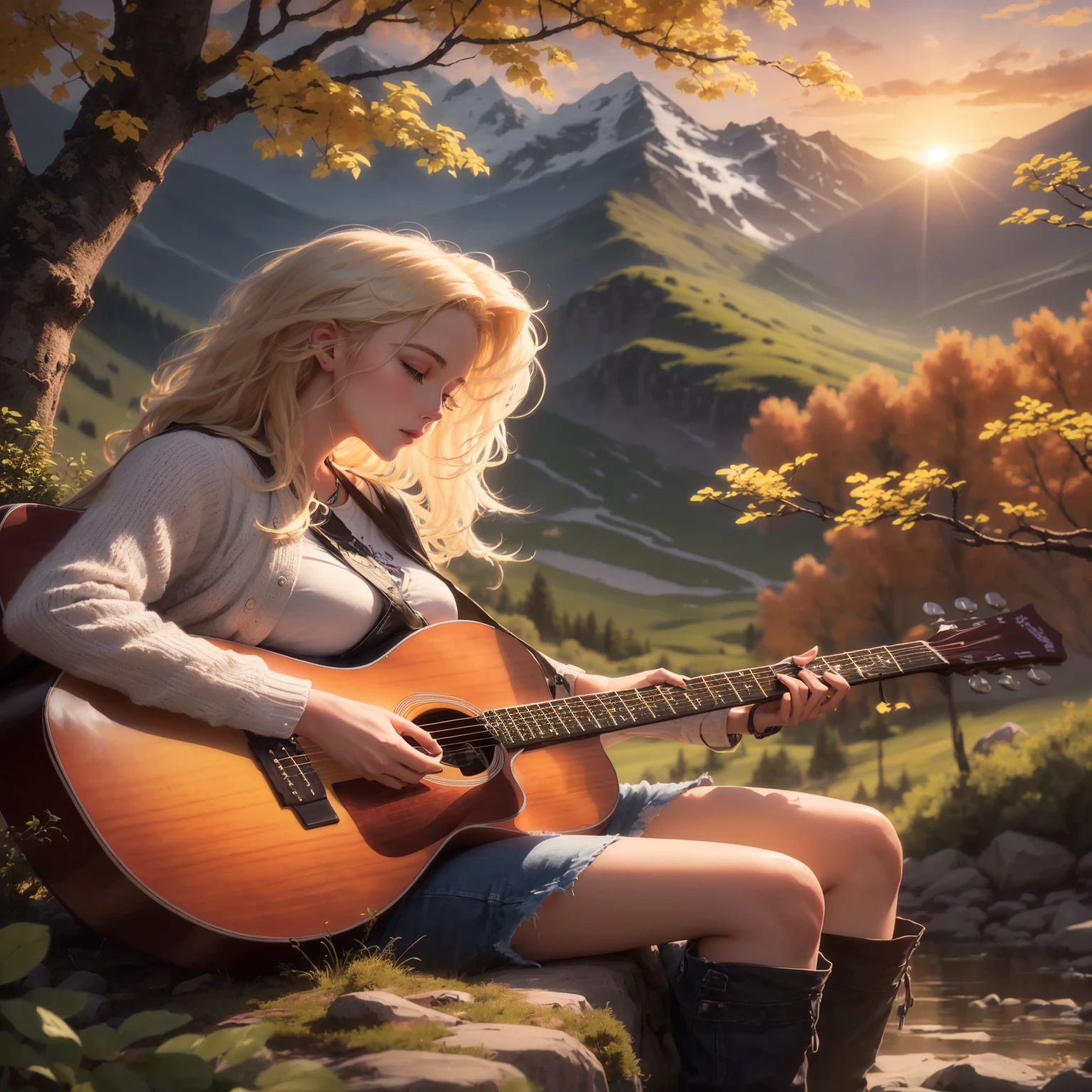 blonde woman sitting on a rock Play the guitar in the mountains, 這個女孩Play the guitar, Play the guitar, Play the guitar, Play the guitar, women Play the guitar, singer songwriter, Play the guitars, Singer-songwriter, great composition, musician, the guitar player, Amazing composition, guitar solo, be in nature, the guitar player, acoustic guitar, music, Background artwork