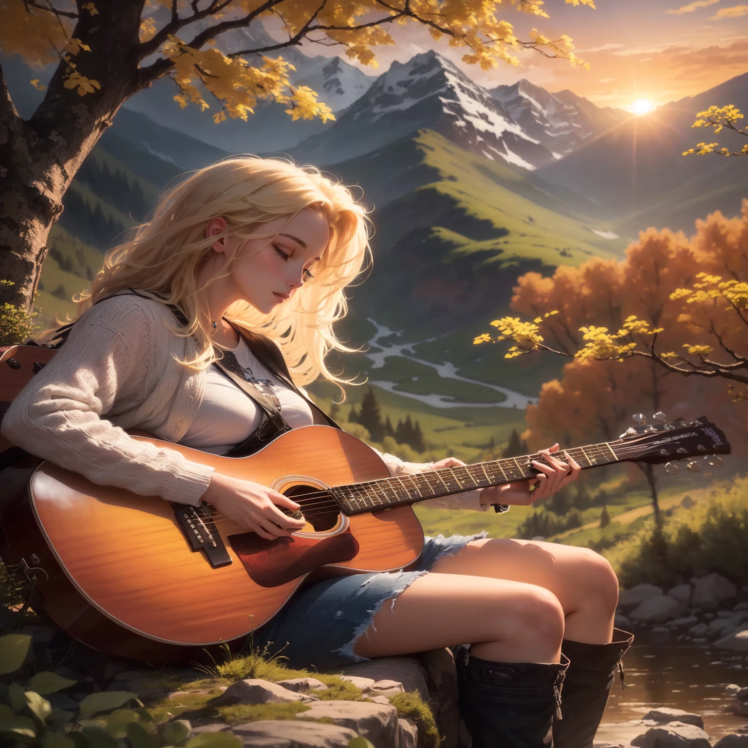 blonde woman sitting on a rock Play the guitar in the mountains, 這個女孩Play the guitar, Play the guitar, Play the guitar, Play the guitar, women Play the guitar, singer songwriter, Play the guitars, Singer-songwriter, great composition, musician, the guitar player, Amazing composition, guitar solo, be in nature, the guitar player, acoustic guitar, music, Background artwork