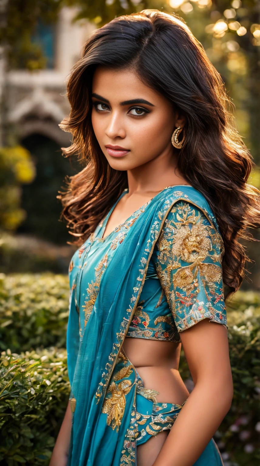 ultra-realistic photographs,Indian Instagram female model,mid 20s,9:16,mid-shot,beautiful detailed eyes,detailed lips,longeyelashes,black curly hair,naturally full eyebrows,perfectly formed nose,expressive face,attractive appearance,confident and elegant posture,graceful movement,vibrant and colorful dress,rich and intricate embroidery,garden background,serene and natural atmosphere,stunning architecture,soft and natural lighting,vivid colors,photorealistic,HDR,highres,studio lighting,ultra-detailed,bokeh