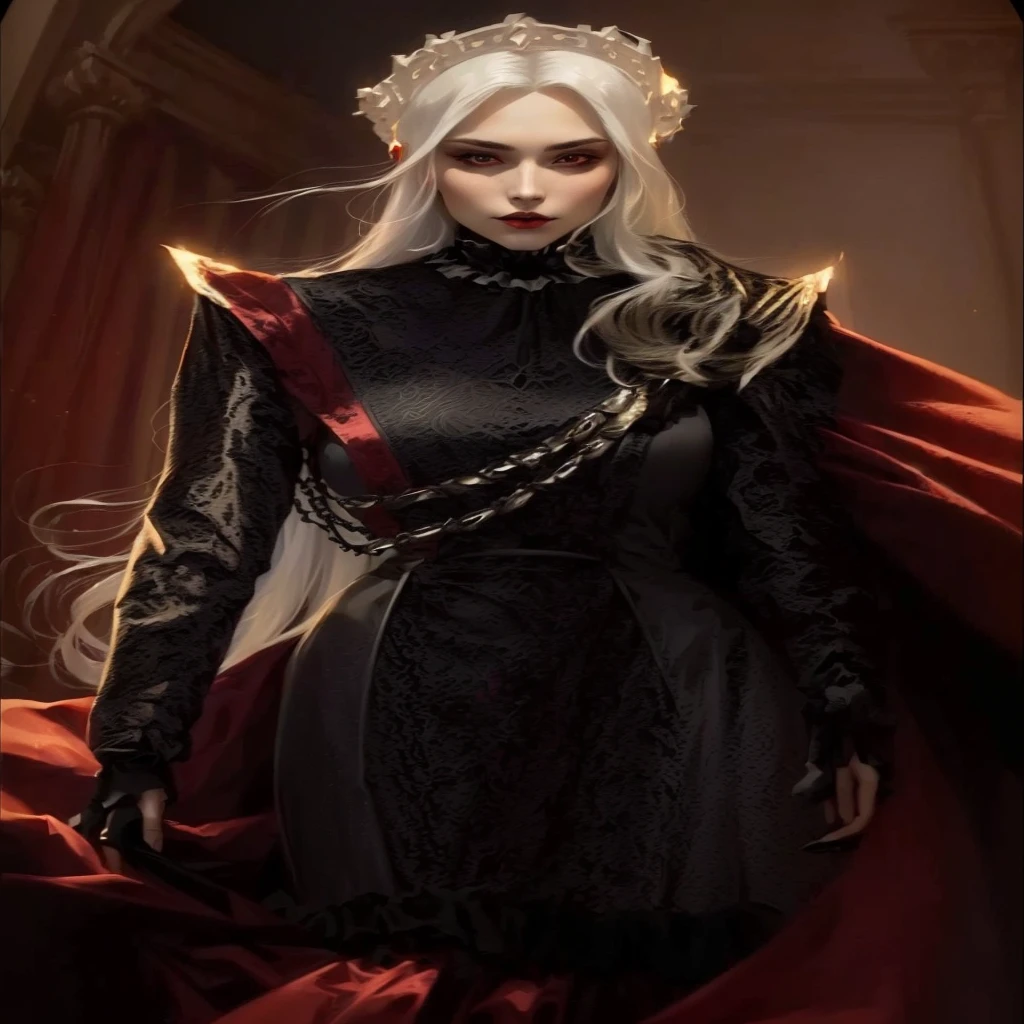 a woman in a black dress with a long white hair, beautiful vampire female queen