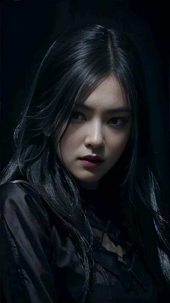 (best quality, highres:1.2), realistic, black dress, black hair, dark theme, black background, dark ninja, intense gaze, elegant posture, flowing dress, detailed facial features, long eyelashes, contrast, fine details, dramatic atmosphere, gothic style, intense emotions, monochrome color palette, captivating setting, haunting beauty, artistic photography, everything is black