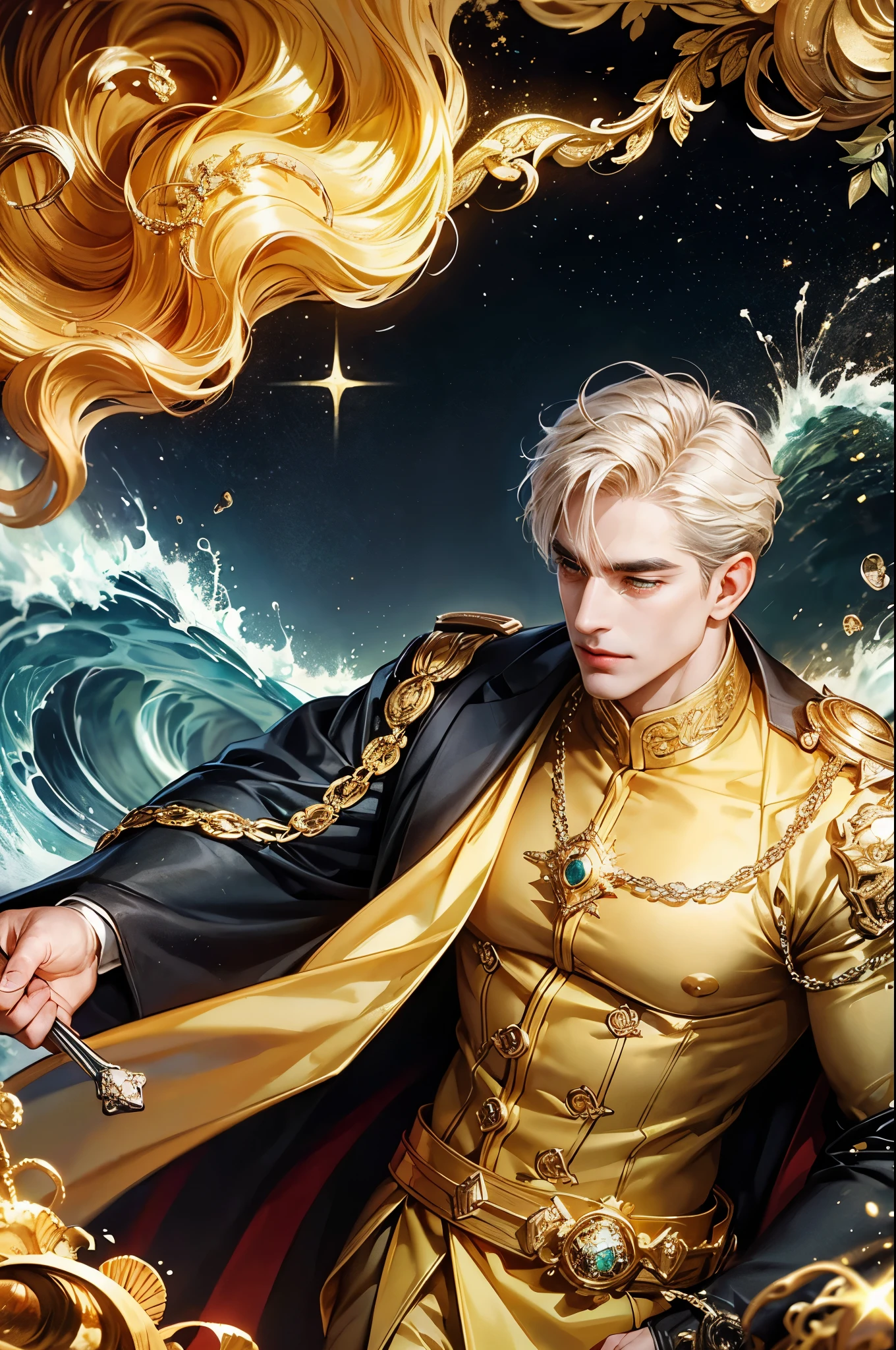 "Creating a surreal image：A handsome 82-year-old man holds a golden wand that exudes the essence of an ocean of money. He should be dressed elegantly., Deep depicts him surrounded by gold coins, Like cascading waves, Glittering gold ingots, and ocean colors, Showing his control over the money. Add a unique gold symbol on his body, Symbolizes his role as the guardian of the gold coin，And reflects the strong, The dynamic energy he possesses."