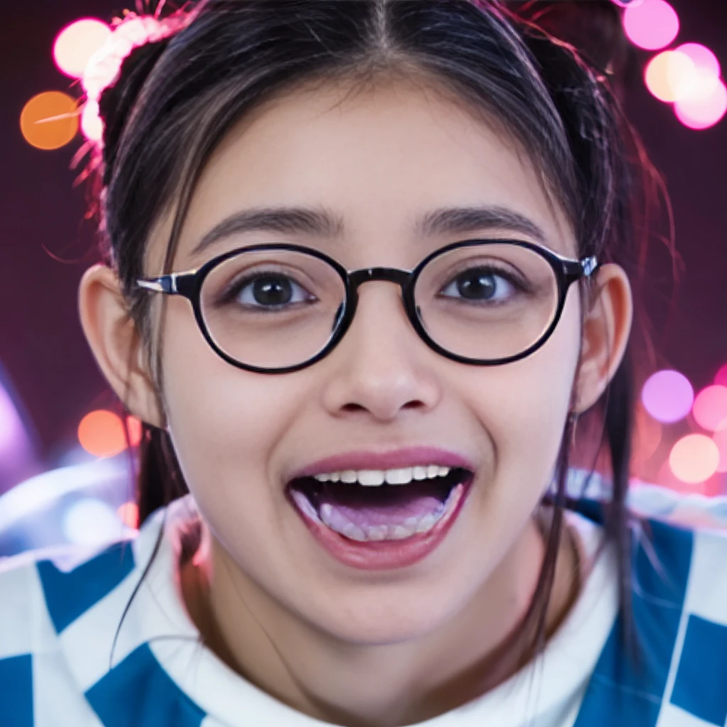 nsfw big round glasses ponytail scrunchie bucktooth droopy eyes japanese protruding front teeth pointy upper lip white t-shirt