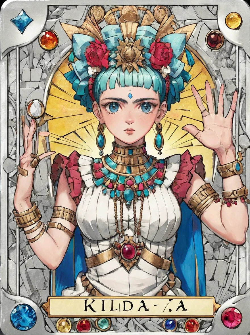 Frida Kahlo is a tarot card: Score_9, Score_8_up, Score_7_up, Score_6_up, Score_5_up, [ ACOCleopatra],[White Hair]Killua from Hunter x Hunter,[Gem],[Ancient Egypt] ,4K,sharp,detailed,extremely detailed artistry. (masterpiece Best quality: 1.2) (insanely detailed Beautiful Details, Masterpiece, Best Quality) (Insanely Detailed, Masterpiece, Best Quality) of Tarot Cards Experience the unique artistic flair of (Best quality, high resolution, vivid colors, realistic, artistic interpretation, detailed portraits), Surreal Tarot Cards, Tarot Cards