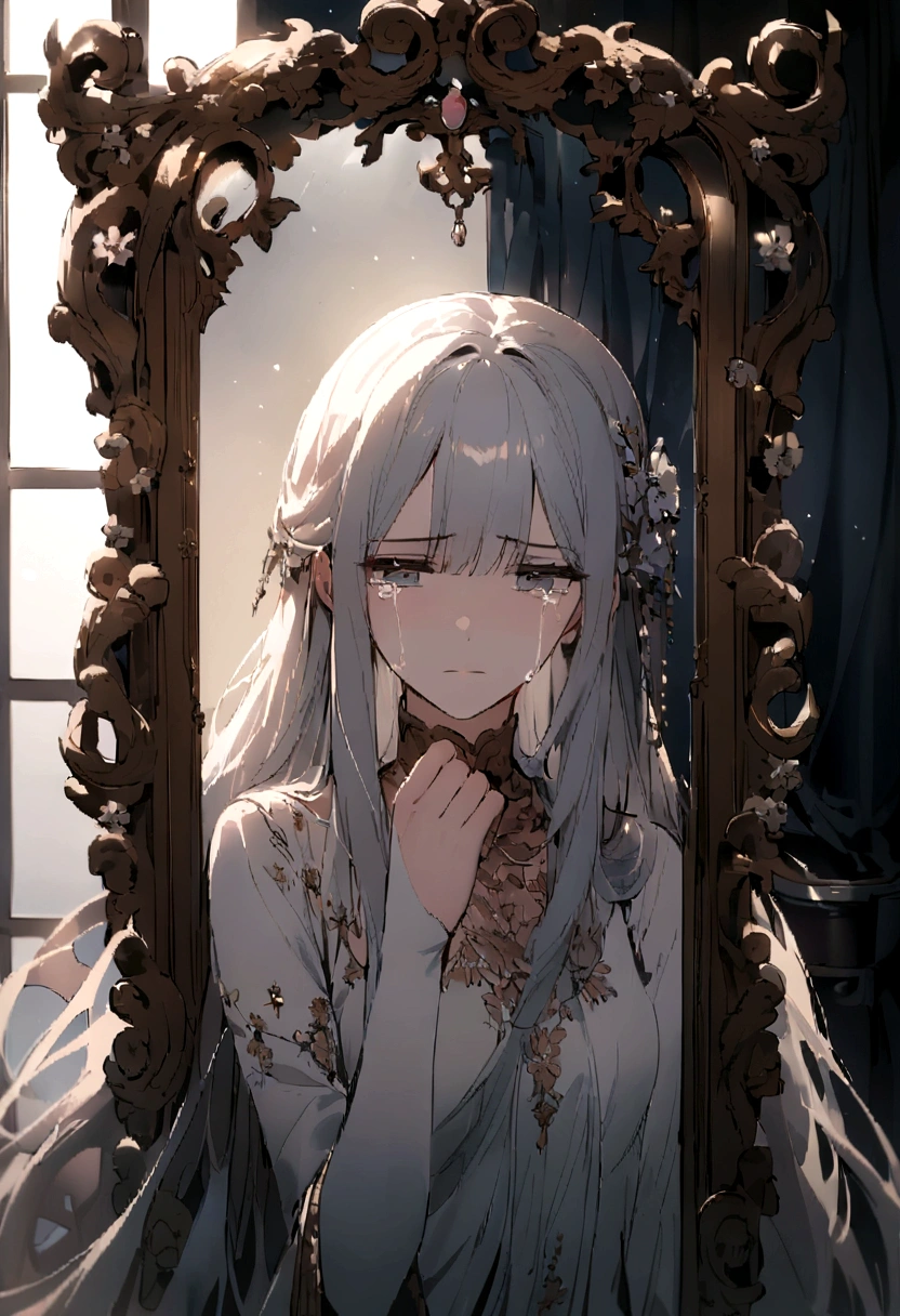 Passing by,The World in the Mirror,Sad expression,Tears,beautiful,Long hair,((broken的镜片)),broken