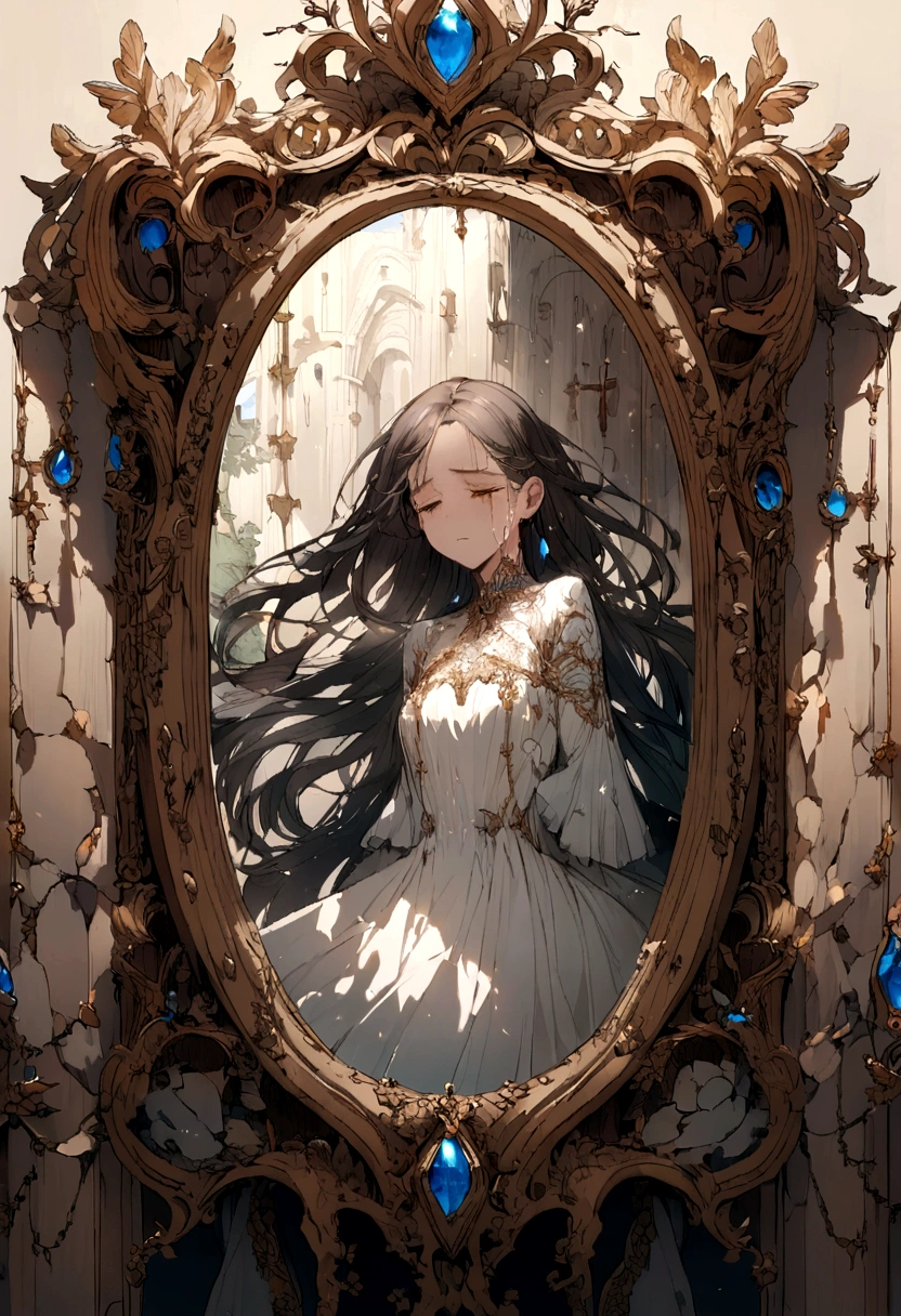 Passing by,The World in the Mirror,Sad expression,Tears,beautiful,Long hair,((broken的镜片)),broken