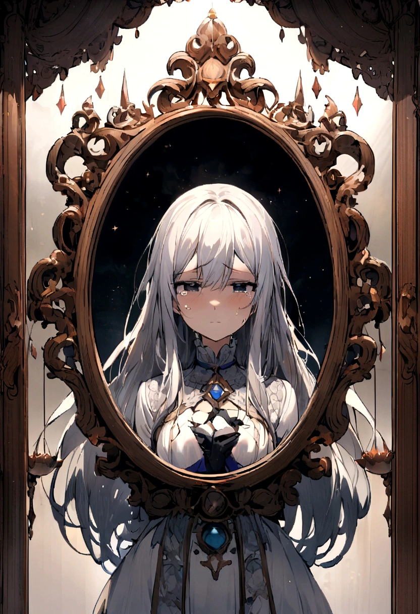 Passing by,The World in the Mirror,Sad expression,Tears,beautiful,Long hair,((broken的镜片)),broken