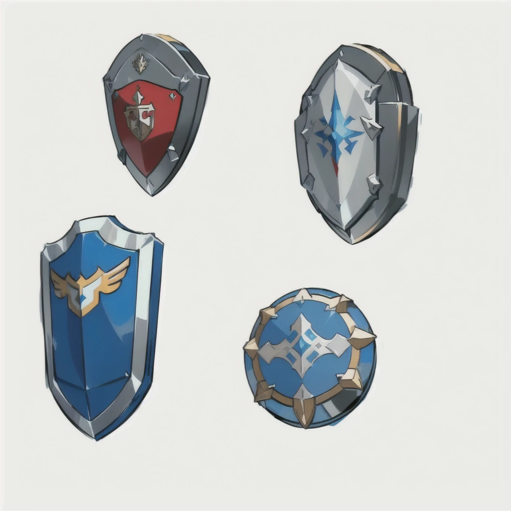 a close up of a bunch of different shields on a white background, shields, shield design, shield, fantasy shield, armor elements, shield, holding weapon and shield, riot shields, RPG Game Items, metallic shield, Game Assets, game icon asset, video Game Assets, pokemon sword and shield, 2 d Game Assets, weapons and armors