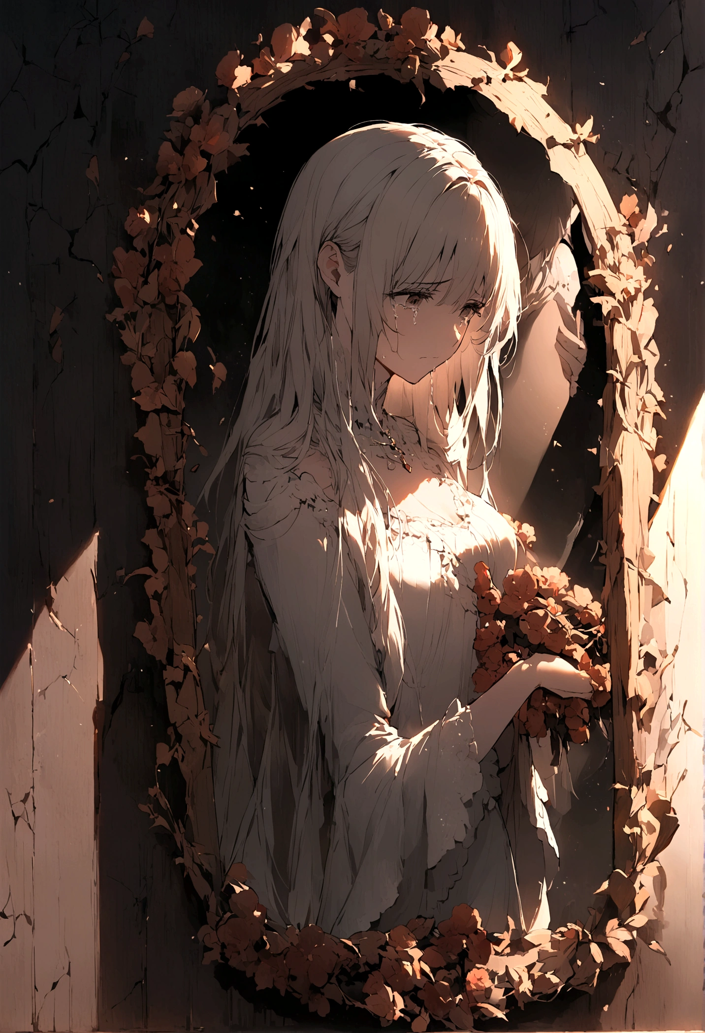 Passing by，The World in the Mirror，Sad expression，Tears，beautiful，Long hair，((broken的镜片))，broken