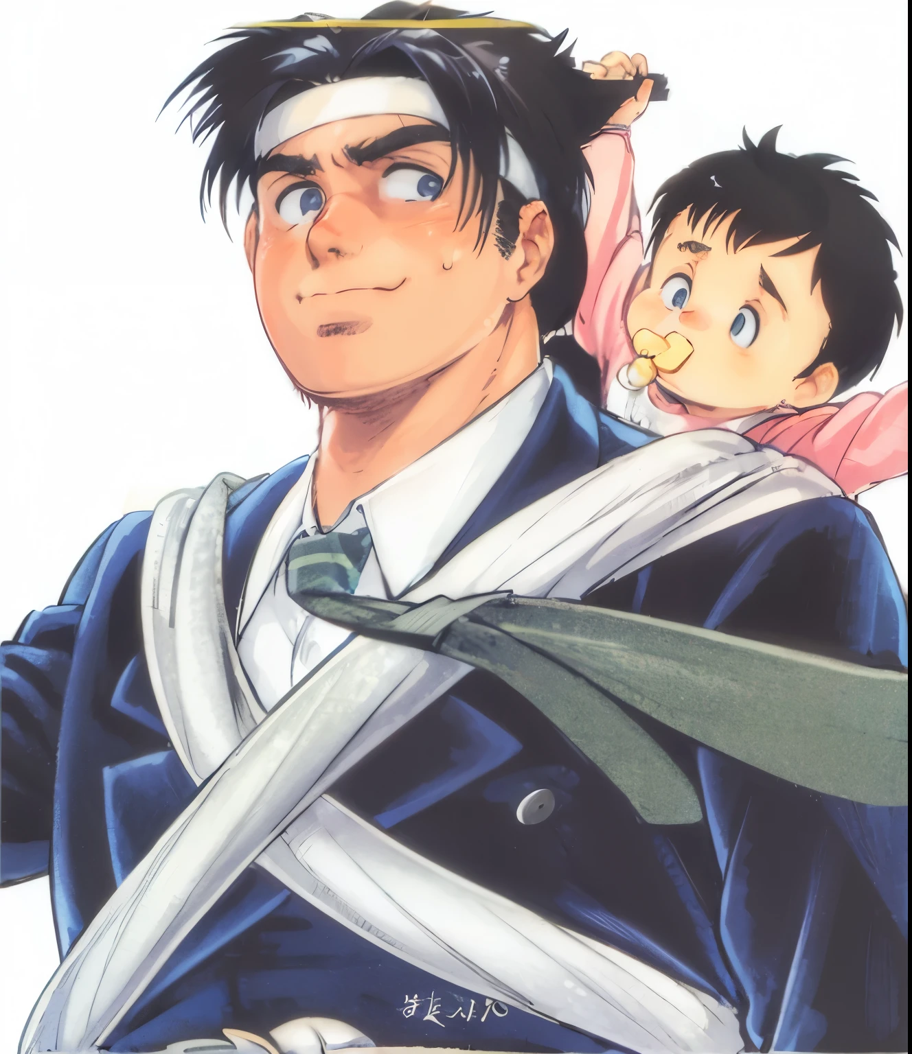 A male office worker in his 30s carrying a baby boy