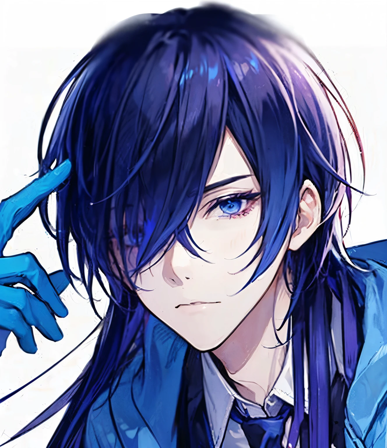 Anime boy with blue hair and blue eyes wearing a blue jacket - SeaArt AI