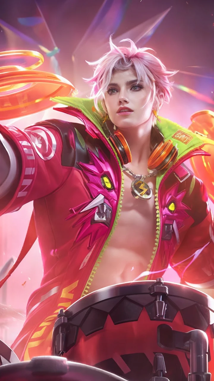 Mercy_overwatch, big breasts,blue eyes, blonde hair, high ponytail, hair over one eye,off the shoulder summer shirt, pink shorts, sitting on chair,tea on the table, scrolling through her phone, mechanical wings,heart stickers,soft body,soft lighting, sparkling eyes,cute facial features, relaxing,Cafe_background,best quality, rendering