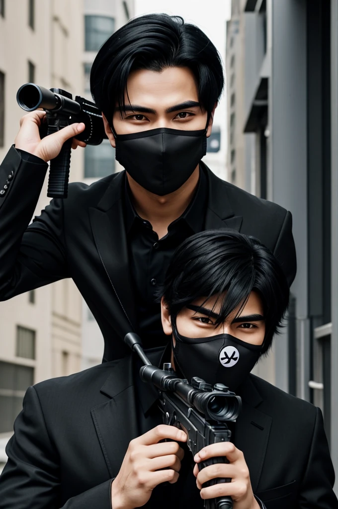 An anime guy that has a mask covering his whole face and has a smiley on it he has black hair and he's wearing a black suit and holding a sniper ready to shoot