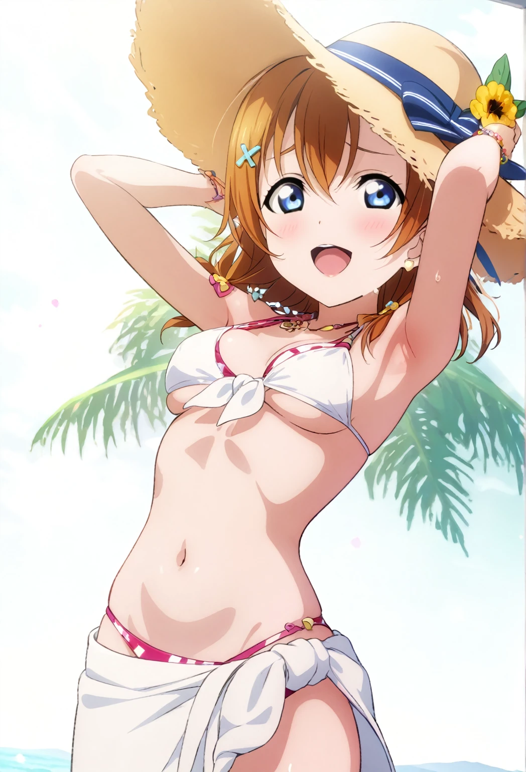 (masterpiece), (best quality), 1girl, medium breasts,id_honoka_kosaka, bikini, swimsuit, hands up, armpits