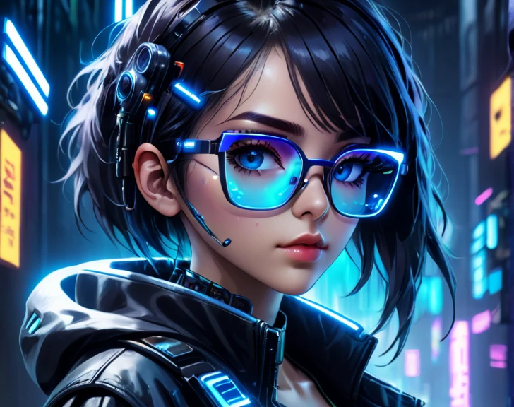 Cyberpunk,girl with blue glasses,Luces led.