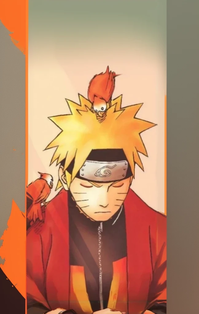 a closeup of a person with a bird on his head, naruto art style, Naruto Uzumaki, Naruto Uzumaki costume sage mode is a funny charismatic character he wears an original costume and a red cape he is meditating with his hands bumping two fists and raw legs sitting he is wearing black sandals Nine tails, Ryuu, cheered up style”, itachi uchiha, cheered up!!!!, arte the fan, cheered up!!! Naruto Uzumaki expands original clothing and background