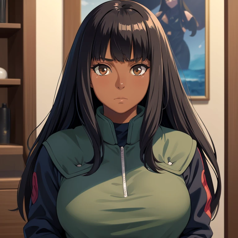 masterpiece, (solo), absurdres, portrait, ((upper body)), detailed background, fine detail, HDR, female, shine dark skin, bangs, black hair, long hair, messy hair, neutral expression,shine Brown eyes, big breasts, fullbody
Com um bebê 