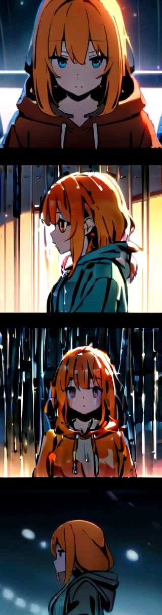 A beautiful anime fox girl with long orange hair, wearing a cozy hoodie, standing in a rainy background, with a cute and sweet expression on her face, (best quality,4k,8k,highres,masterpiece:1.2),,soft lighting,cinematic lighting,detailed fabric textures,wet hair,rainy atmosphere,moody lighting,,cool color palette