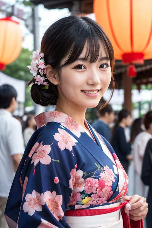 a young japanese woman in a yukata, smiling in front of a festival in hiroshima, (best quality,4k,8k,highres,masterpiece:1.2),ultra-detailed,(realistic,photorealistic,photo-realistic:1.37),vibrant colors,natural lighting,intricate details,captivating expression,beautiful detailed eyes,beautiful detailed lips,extremely detailed face,long eyelashes,festival atmosphere,traditional japanese architecture,paper lanterns,sakura blossoms,colorful crowds