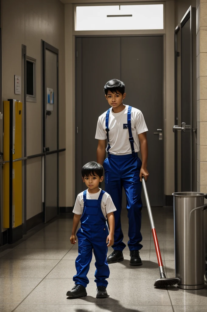 A young janitor stands