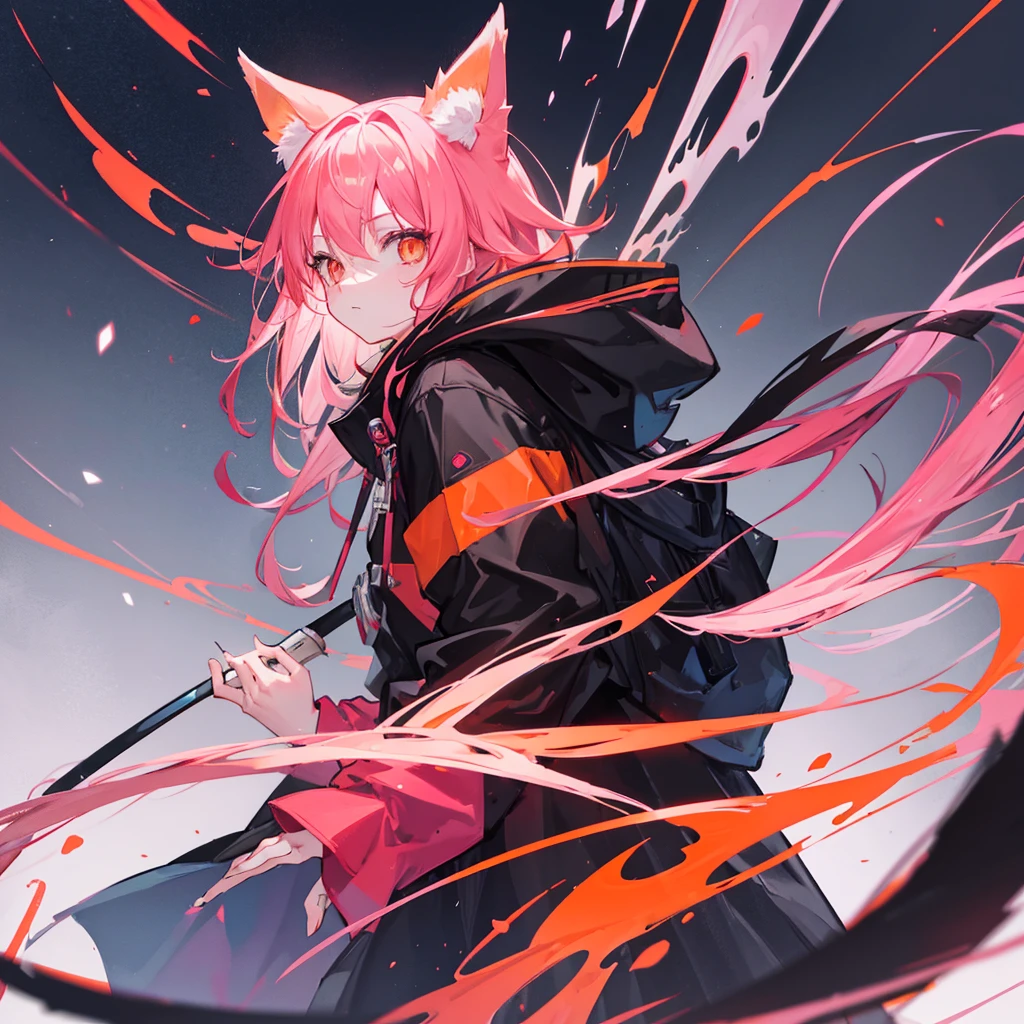 Pink glossy black hair、Orange Eyes、Fox ear hood、ember、parka、tail