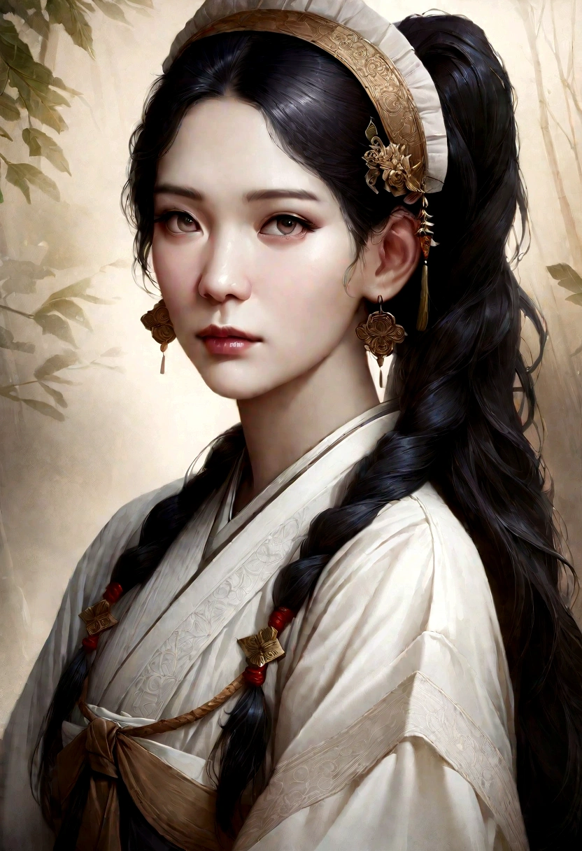 Gyeongbokgung, (masterpiece), (detailed), (intricate details), (realistic, realistic:1.37),illustration, very delicate and beautiful, 매우 detailed, CG,unity, 8K wallpapers, amazing, fine details, Extremely fine CG Great unity 8k, 매우 detailed, high resolution, 매우 detailed, 매우 detailed eyes and face, upper body, View viewer, 1 girl, (18 years old), pale skin, black hair, pony tail, hairpin, part, headdress, earring, floral pattern, white hanbok, slim body,